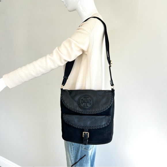 TORY BURCH Black Nylon Pebbled Leather Front Logo Tote Shoulder Bag Crossbody - Picture 9 of 16